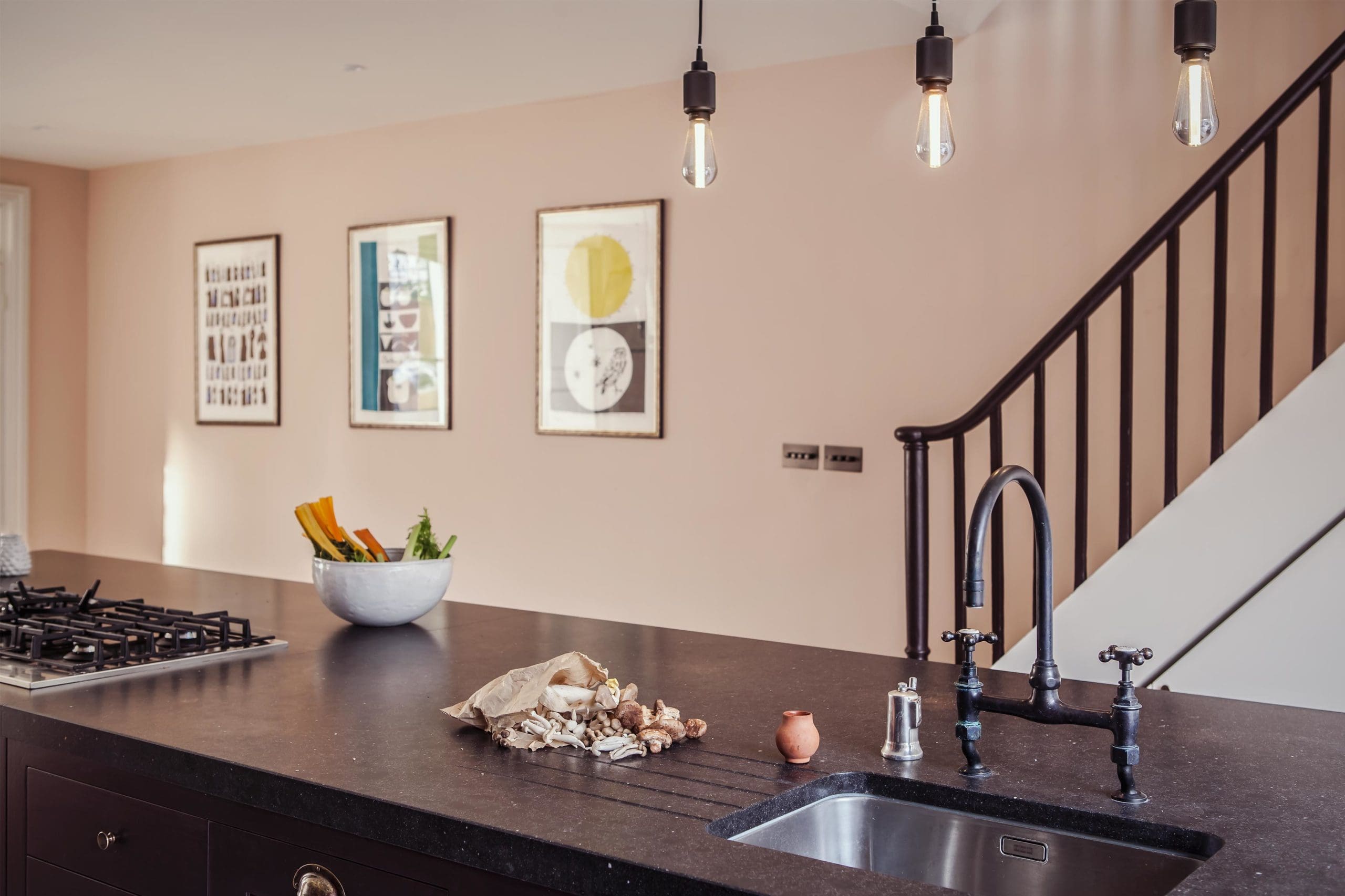  Belgian Fossil Stone Worktop on the Osea Island in the Highbury Barn. Hand painted Draining grooves.