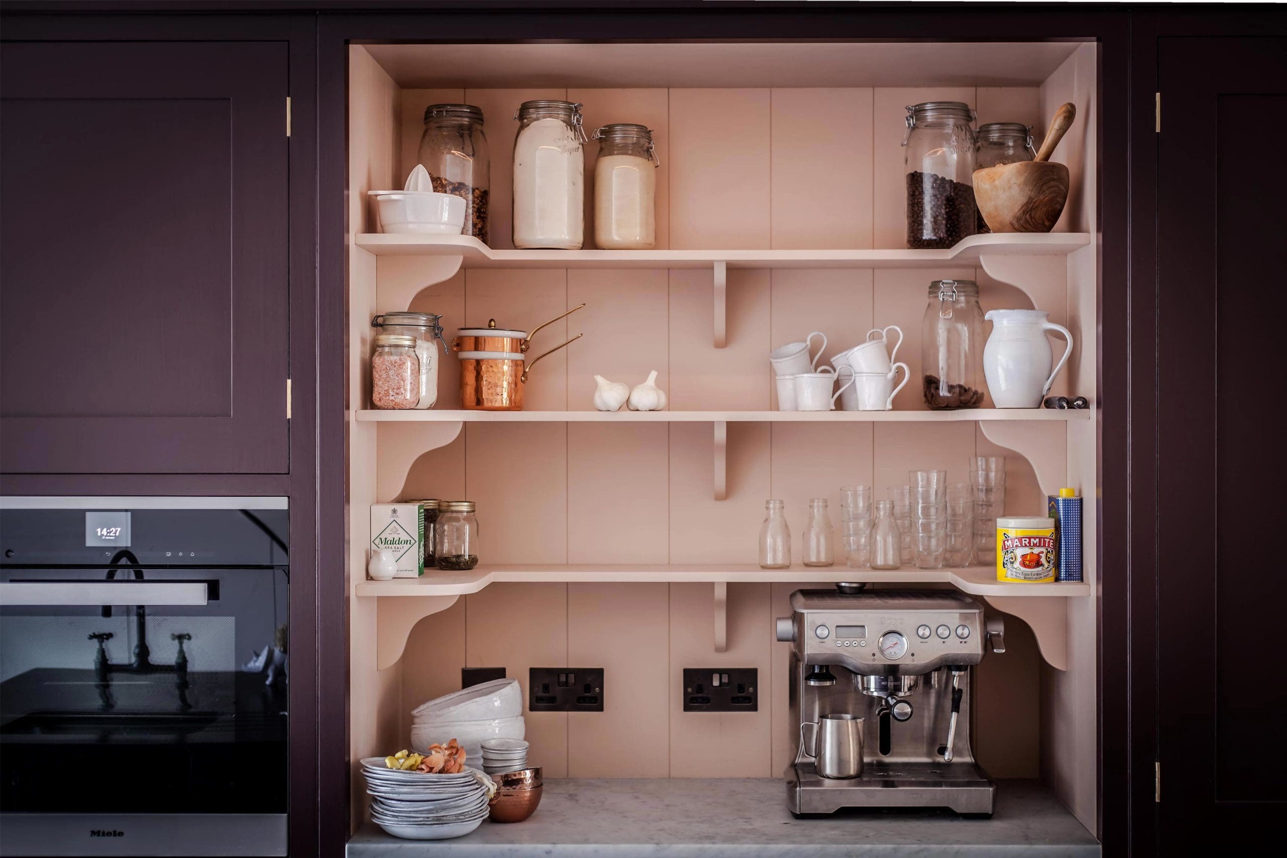  Bespoke Open Pantry in the Highbury Barn Kitchen. Coffee machine. Honed Carrara Marble worktop cabinet. Hand painted boarded interior.