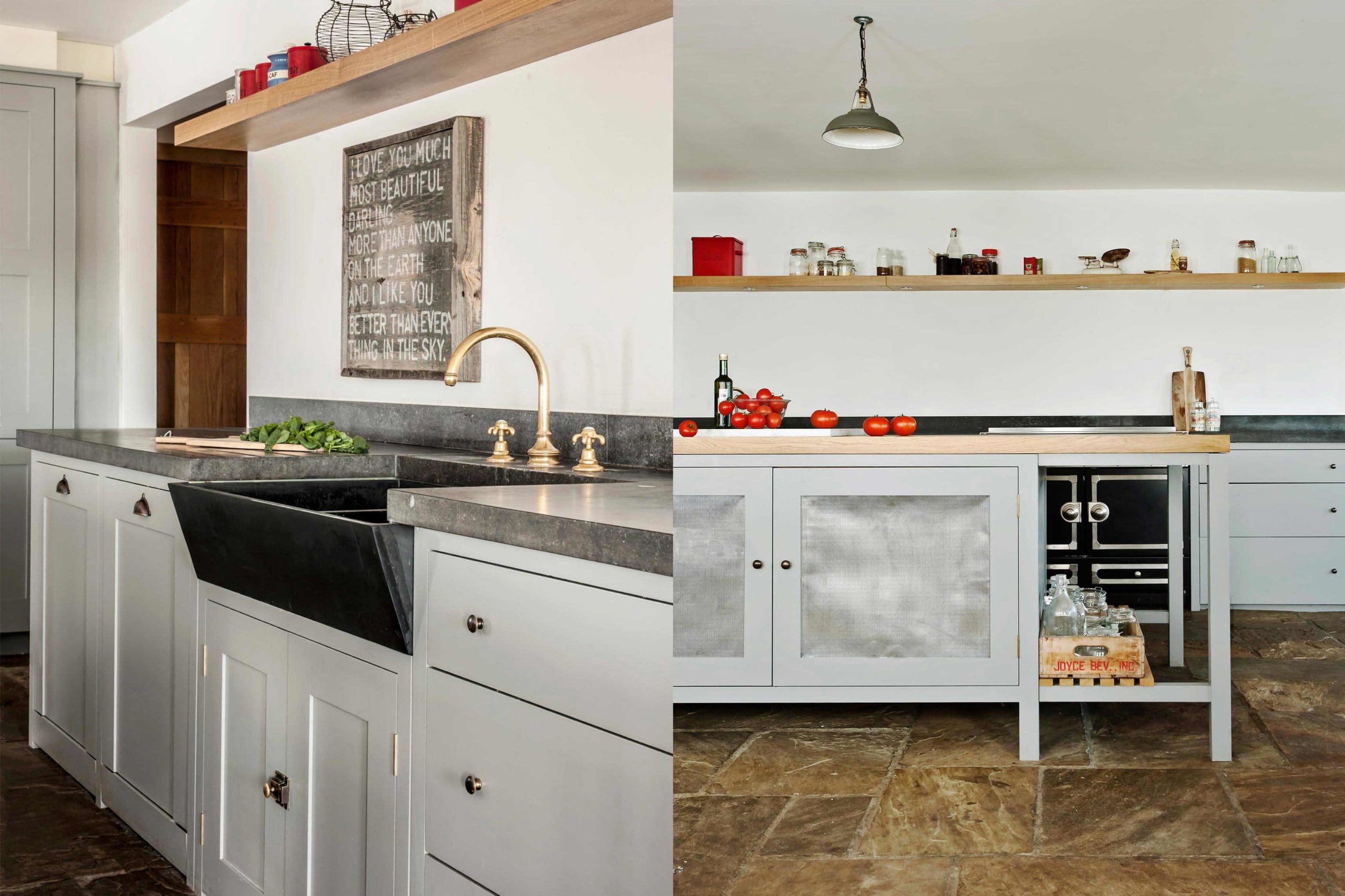  Hampshire Hop Kiln open style kitchen featuring Osea cabinets with Slate sink and Belgian Fossil Stone worktops and slate flooring. La Cornue cooker.