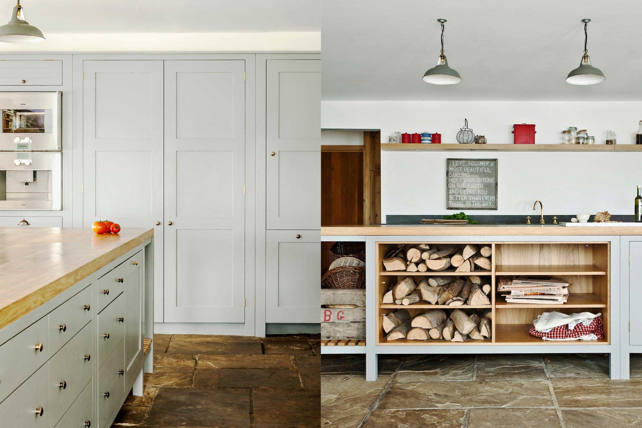  Hampshire Hop Kiln Kitchen featuring tall Long House Cabinets and Osea Island with Oak lined open shelving and handcrafted bespoke Pippy oak worktop.