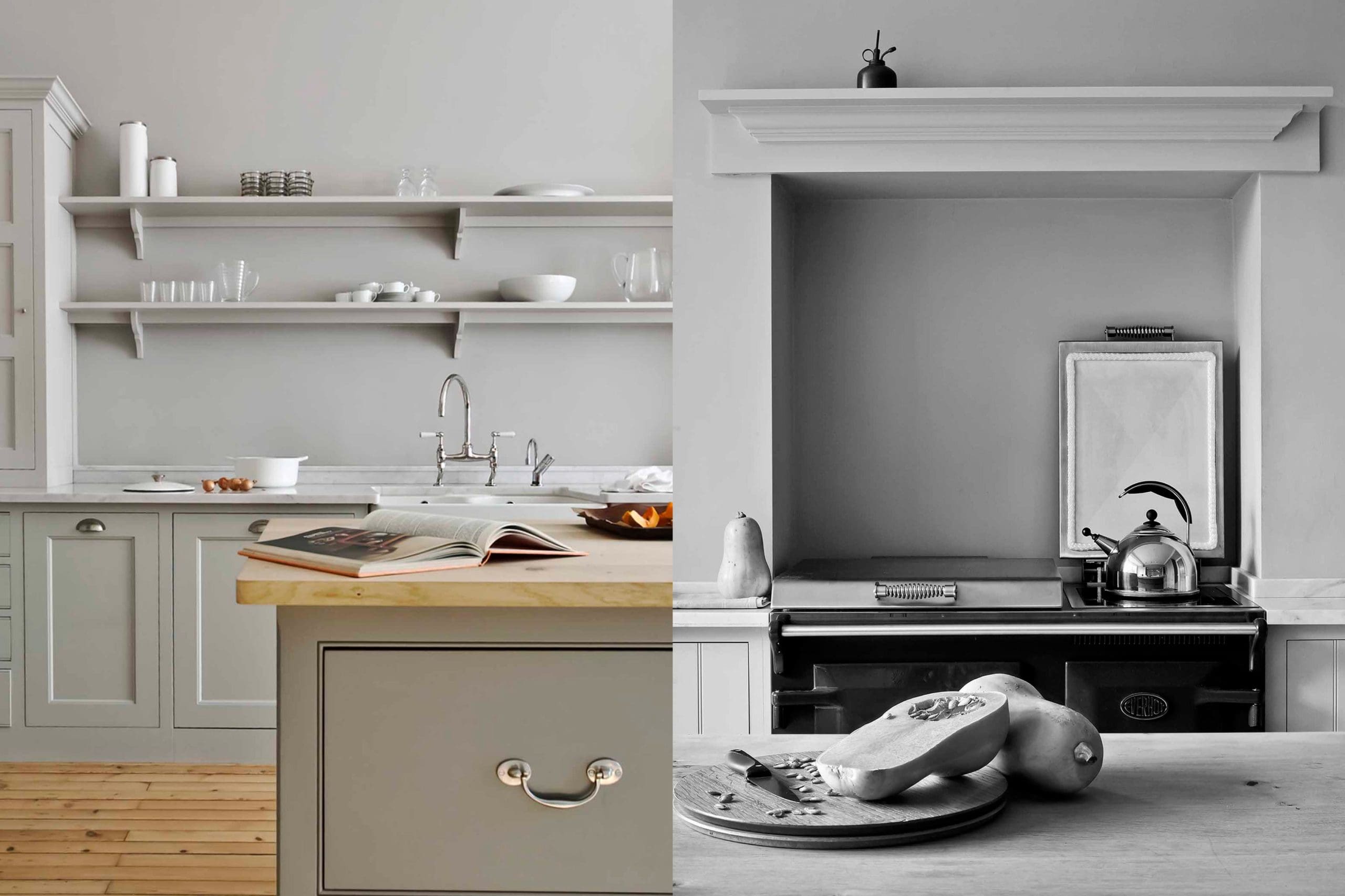  Traditional Spitalfields Georgian cabinetry with a honed Carrara marble worktop and handcrafted Work table with Raw Pippy Oak worktop in the Sussex Park House kitchen.