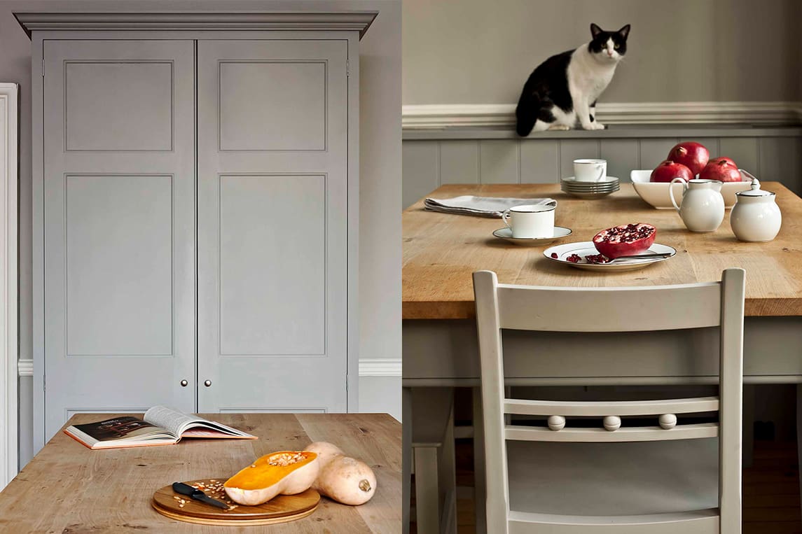  Wooden kitchen table with light brown features.