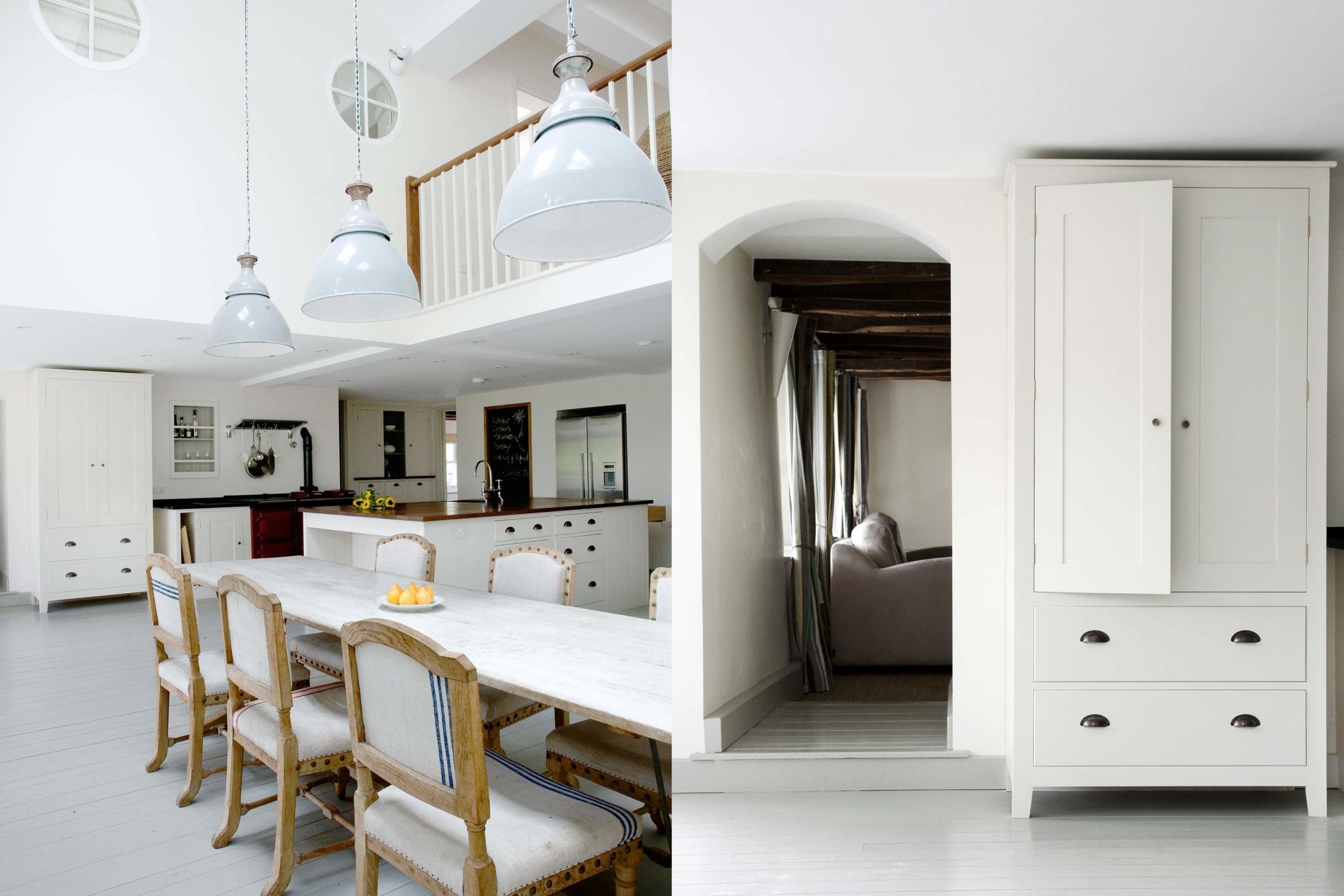  Cornish Holiday Home Kitchen featuring Spitalfields Georgian cabinets with tourmaline cup handles and knobs and bespoke American Black Walnut worktops.