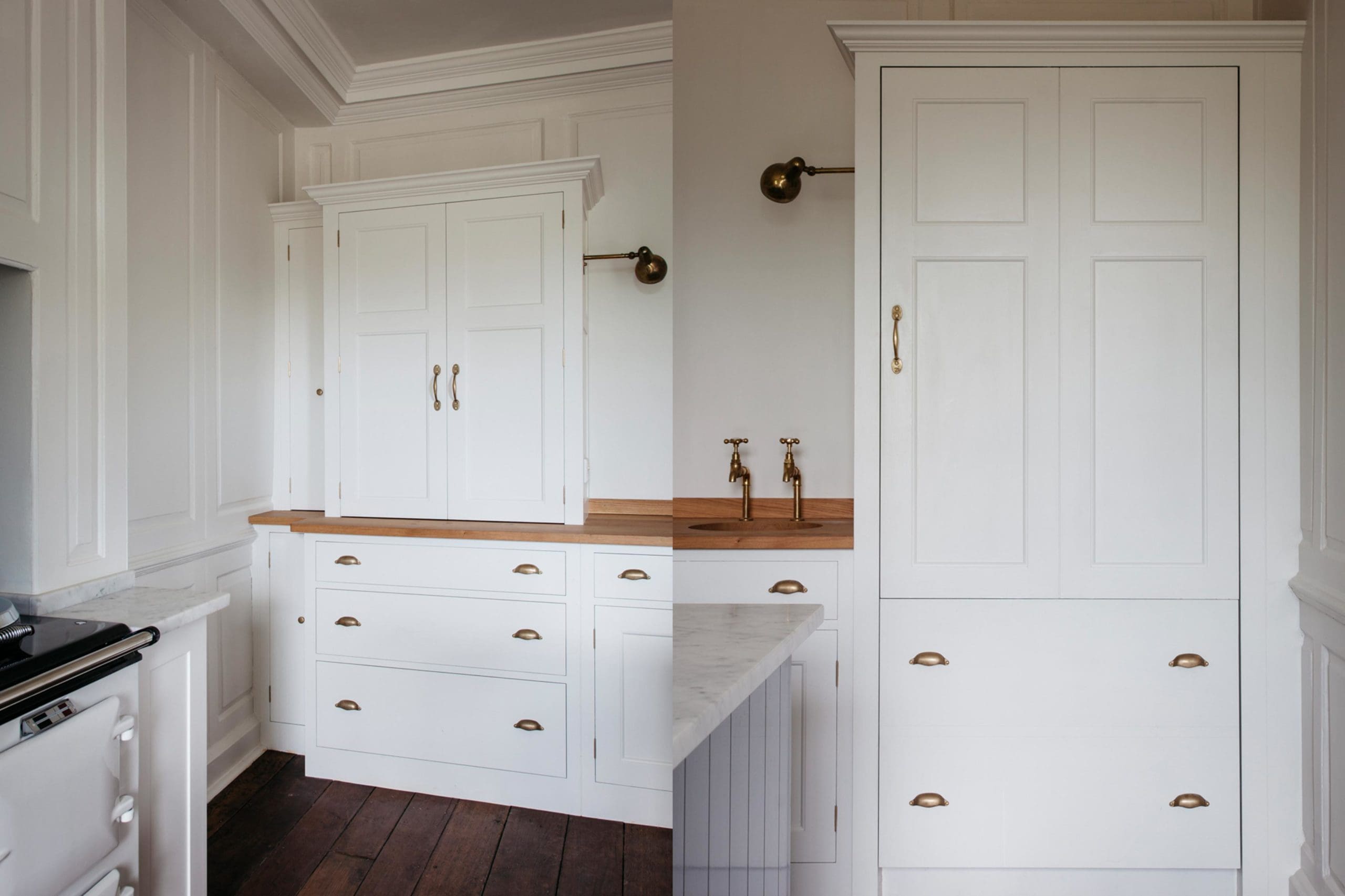  The Rectory Kitchen featuring Spitalfields Georgian cupboards with Folgate doors. Antique Georgian Brass Plain Cup Handles and cupboard pulls. cupboards. Hand painted in ‘Boiled Dishcloth’ from the Plain English range of paints.