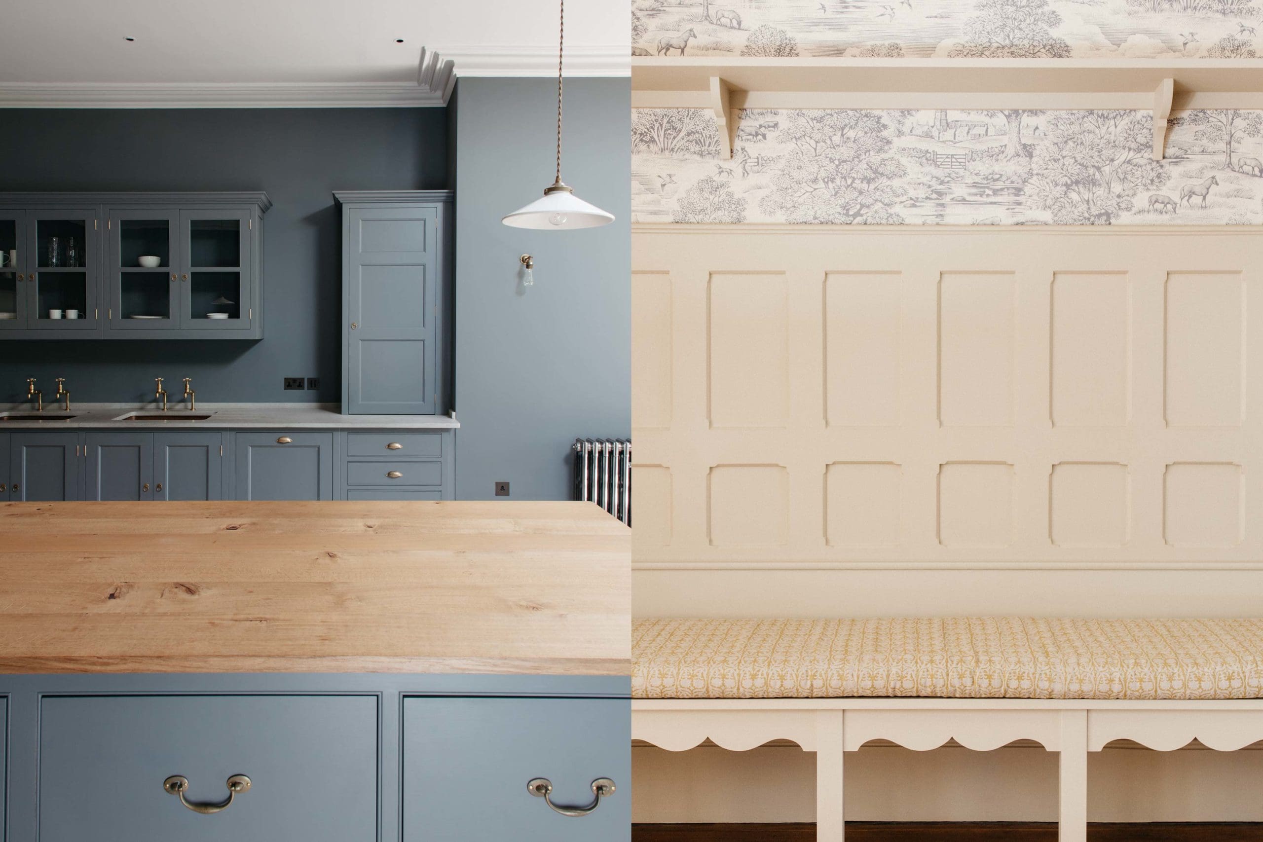  Duck egg blue wooden kitchen with white countertops