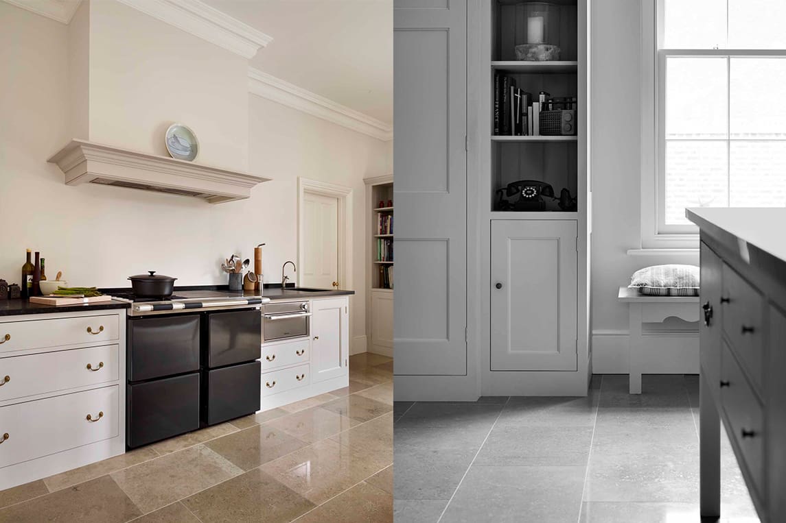 White wooden Lodge kitchen with black stone work surfaces