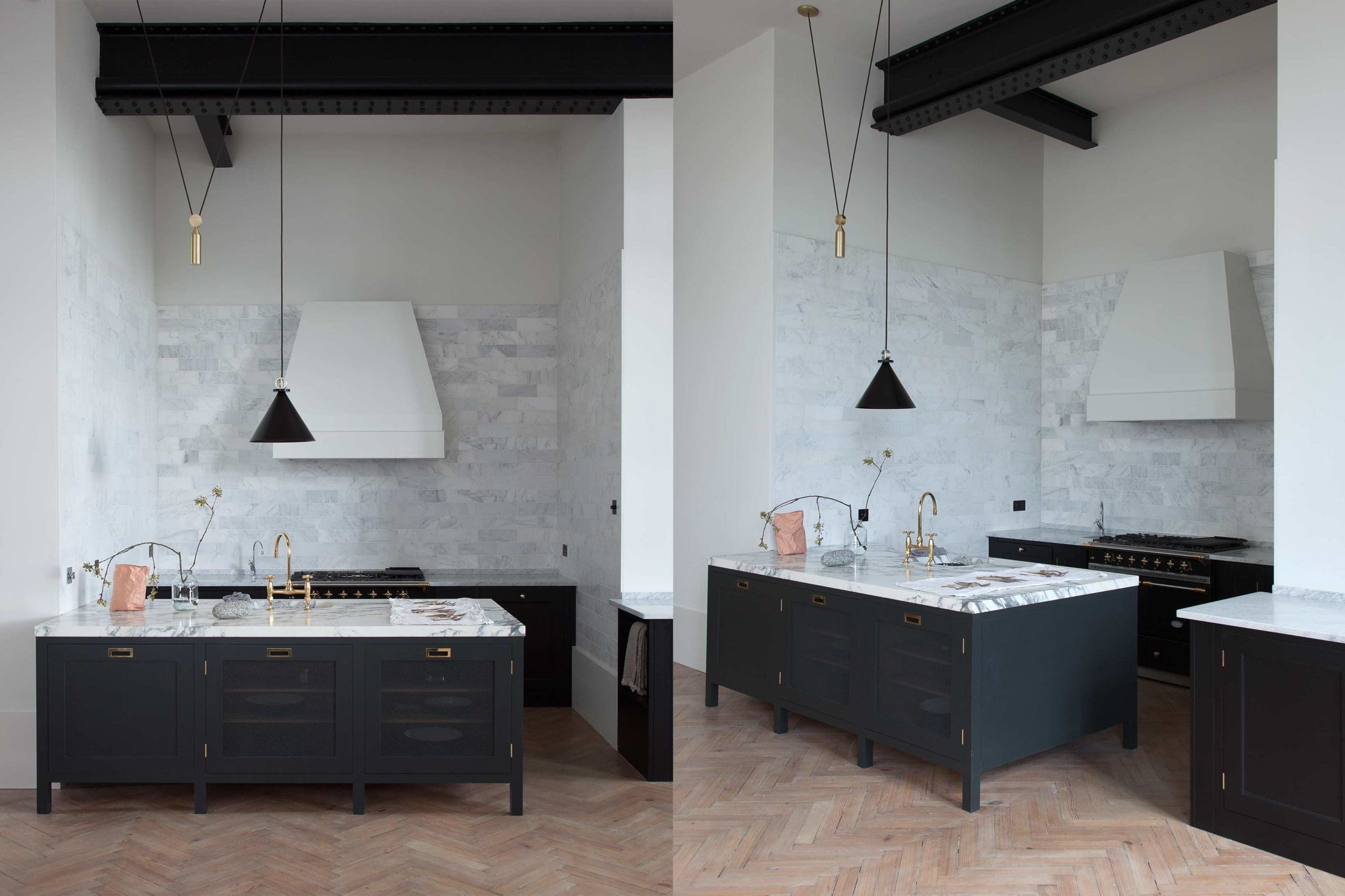  Black distressed wood kitchen with marble countertops