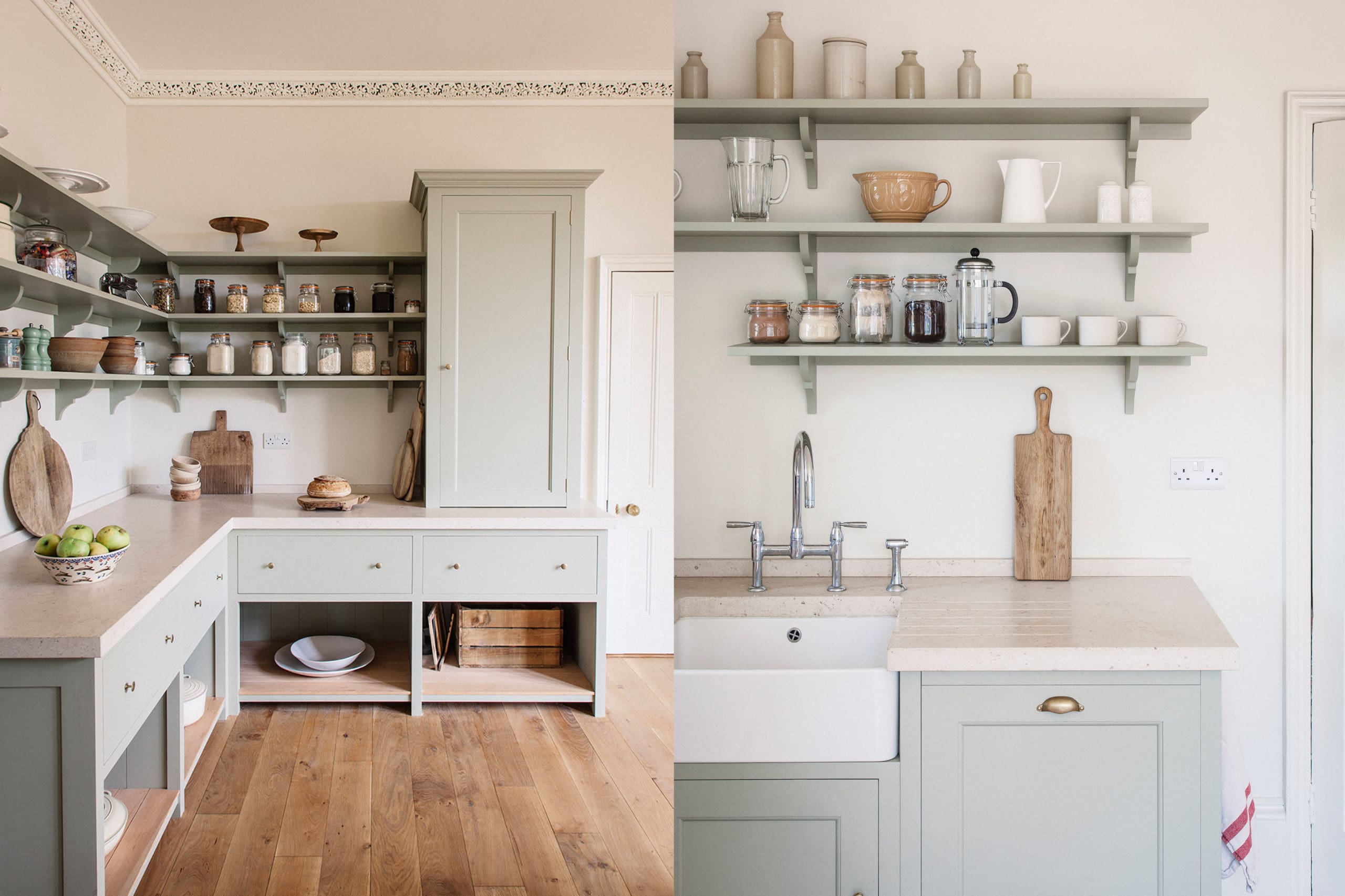  Light blue wooden kitchen with shelves