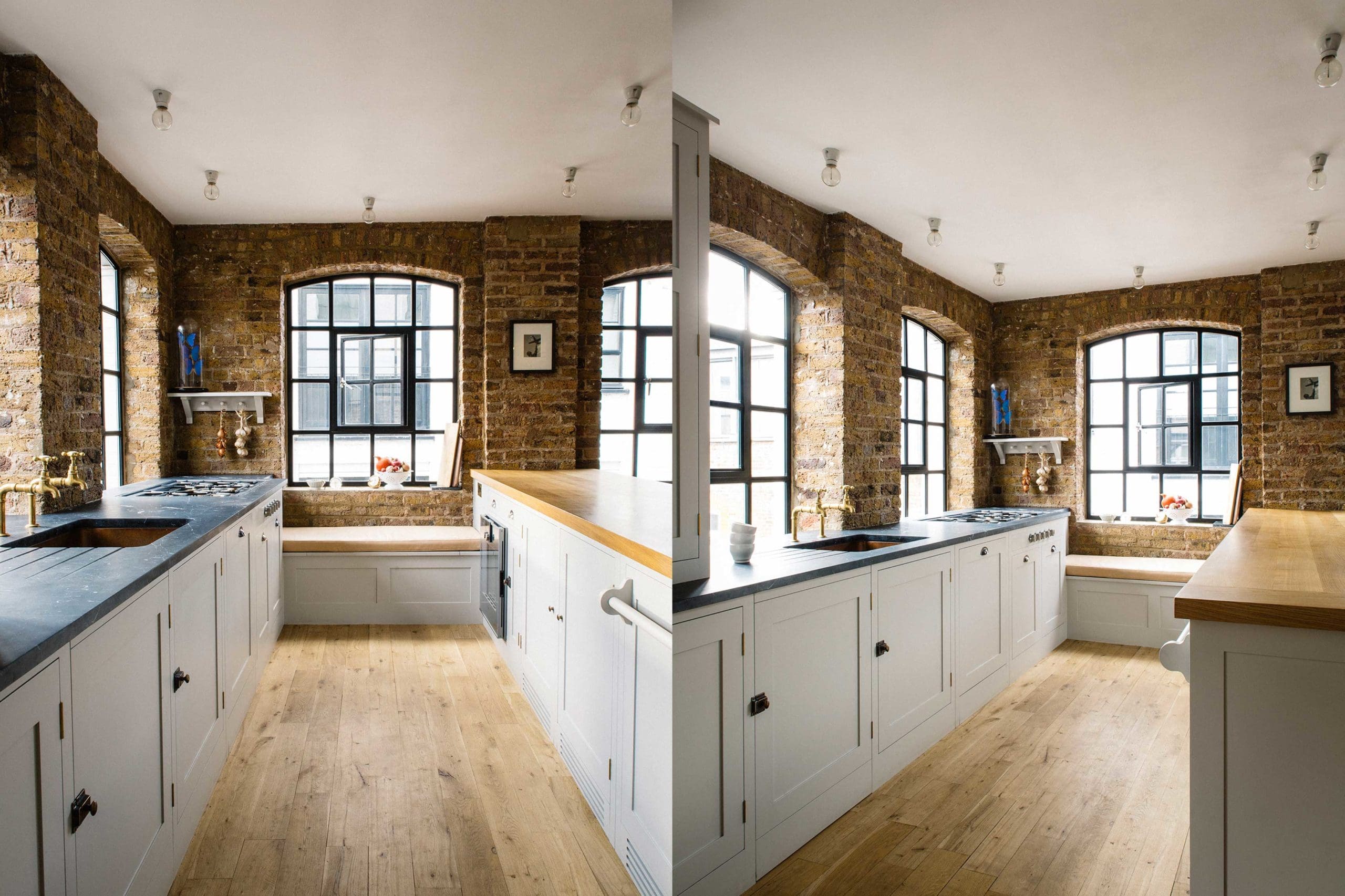 Open brick wall kitchen with windows in Hoxton loft.