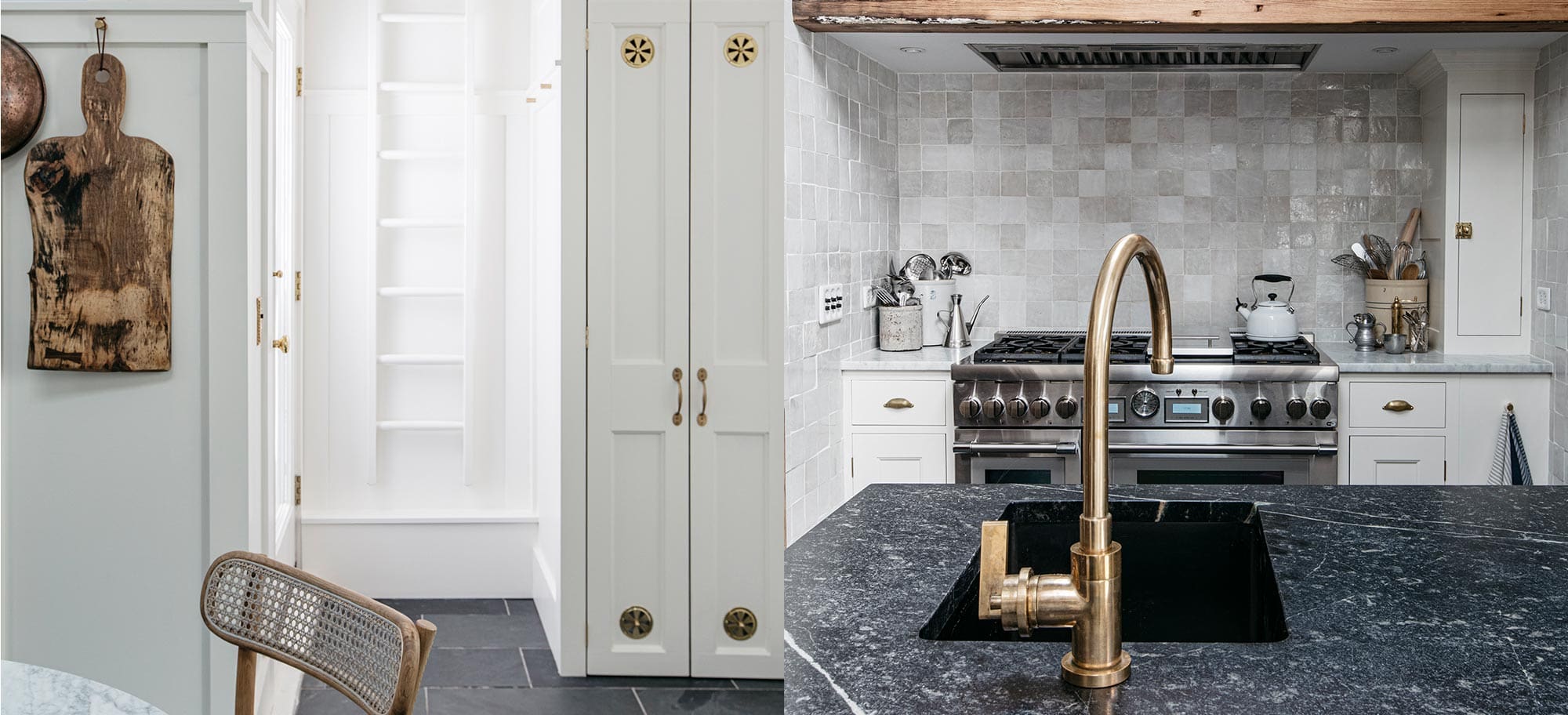  Plain English Design kitchens in the USA Provincetown project bespoke white tall larder cupboards and slate grey sink with brass tap