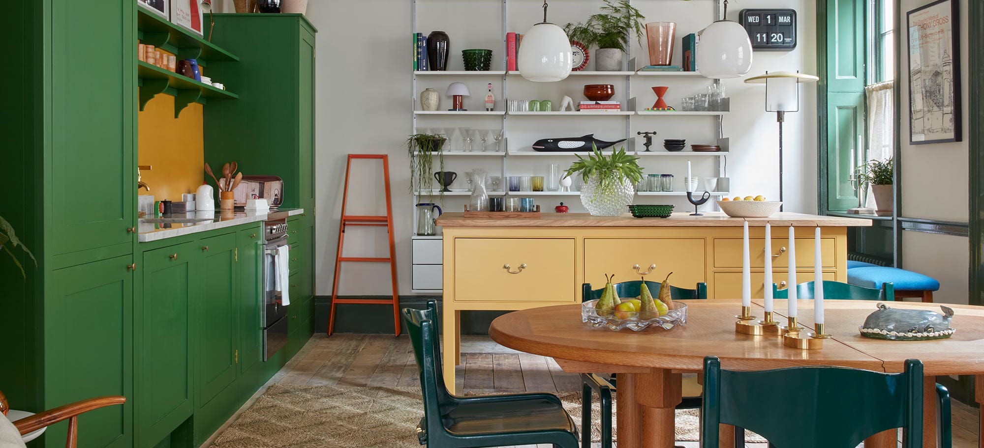  a colourful plain english kitchen design in bath england with freestanding worktable