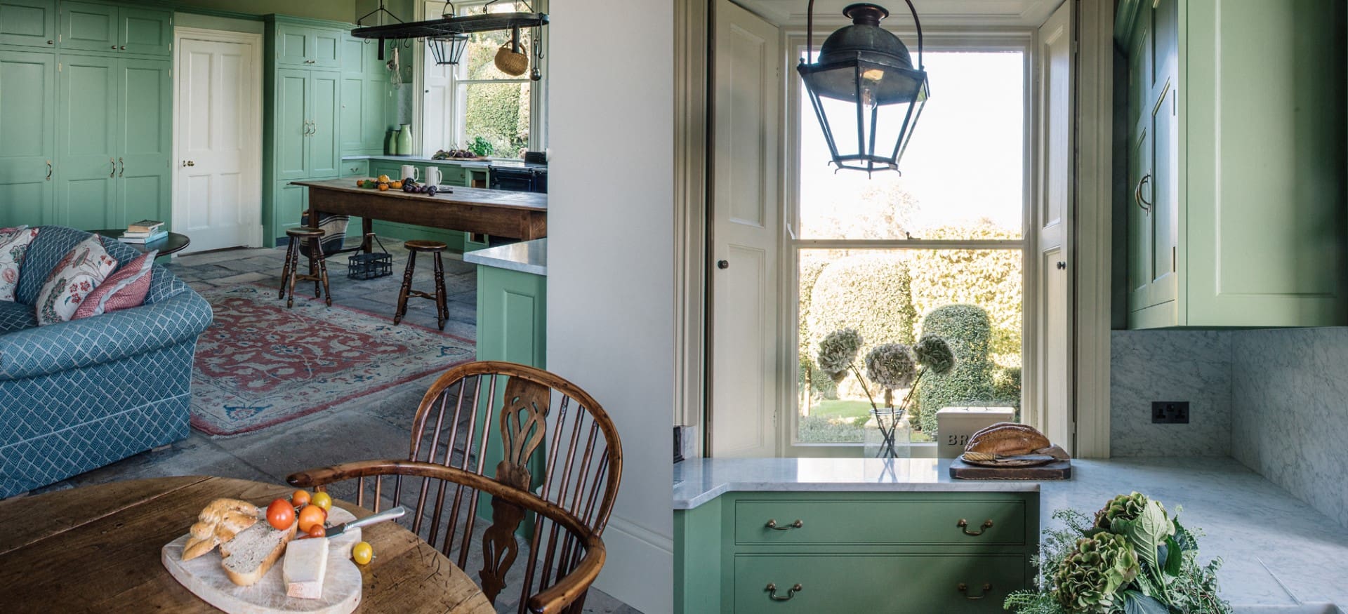  Details of a green bespoke kitchen design by Plain English with Robert Young Antiques